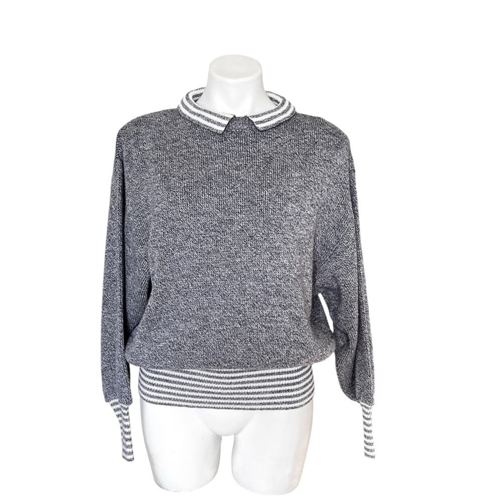 VINTAGE Genoa Marled Grey Sweater Striped Cuffs Size Medium